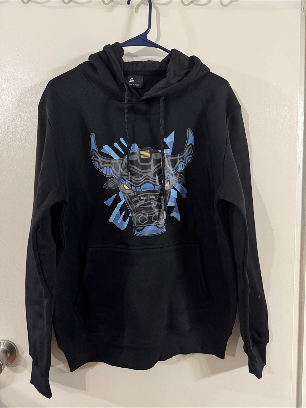 Black Pullover Hoodie with Blue Bull Graphic